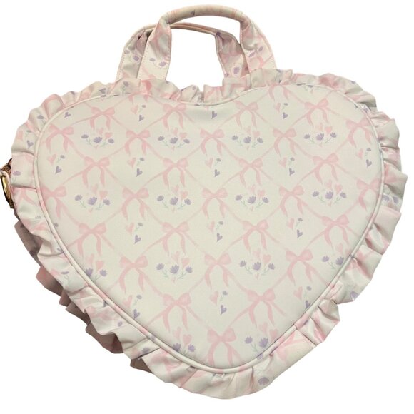 STONEY CLOVER LANE HIGH TEA RUFFLE MINI HEART TOTE SUGAR CUBE WHITE BOWS PINK - Picture 2 of 7
